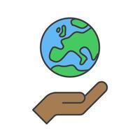 hand- Holding planeet aarde, lineair vector icoon. opslaan de planeet. aarde dag symbool. wereld milieu behoud.
