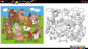 cartoon boerderij dieren karakters groep kleurboek pagina vector