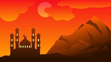 achtergrond van silhouet moskee met oranje lucht voor Islamitisch ontwerp. landschap element voor ontwerp grafisch Ramadan groet in moslim cultuur en Islam geloof. Ramadan behang van berg en heuvel vector