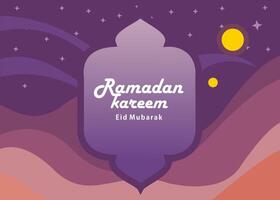 illustratie van een woestijn Bij nacht met een Purper lucht, net zo goed net zo Islamitisch voorwerpen dat zeggen Ramadan kareem, eid mubarak vector