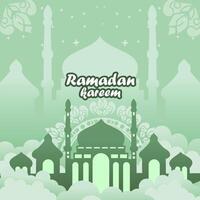 illustratie van een Ramadan kareem banier met een licht groen moskee voorwerp met een silhouet achter het en Arabisch sterren en ornamenten vector