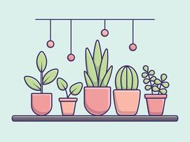 vector vlak illustratie van bloem potten Aan een vensterbank in een modern stijl met verschillend planten en bladeren