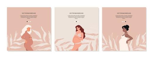 een reeks van plein sociaal media covers met een zwanger vrouw in naakt kleuren. concept van zwangerschap en moederschap. vector