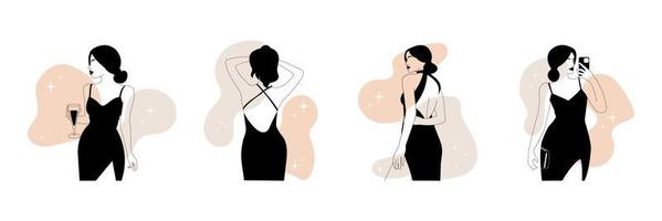 reeks van silhouetten van minimalistisch elegant Dames in een avond jurk Aan gekleurde vlekken. de vector illustratie is perfect voor een logo