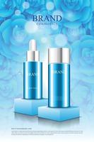 cosmetische productaffiche op podium met mooie blauwe roos achtergrond vector