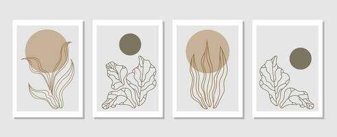 botanische muur kunst vector set. gebladerte lijntekeningen tekenen met abstracte vorm. abstract plant art design voor print, cover, behang, minimale en natuurlijke kunst aan de muur. vectorillustratie.