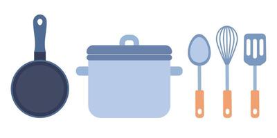 keuken gereedschap reeks icoon. keukengerei. Koken hulpmiddelen. pan, koekepan, spatel, garde, pollepel. vector vlak illustratie