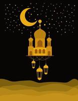 eid Mubarak gouden tempel met lantaarns van de maanhanger en sterren vectorontwerp vector