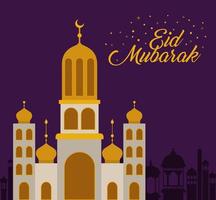 eid Mubarak-tempel met maan en stadsgebouwen vectorontwerp vector