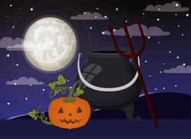 Halloween-seizoenskaart met pompoenen en ketelscène vector