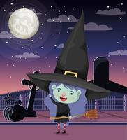 Halloween-seizoenscène met meisje in een heksenkostuum vector