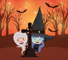 halloween-scène met kinderen in kostuums op de begraafplaats vector