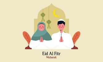 gelukkig moslim mensen vieren eid al-fitr mubarak illustratie vector