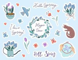 Hallo de lente. schattig reeks van lente stickers. vector tekening illustraties met tekst en grafisch ontwerp elementen. perfect voor planning, t-shirt afdrukken, groet kaarten, scrapbooken.