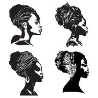 Afrikaanse zwart vrouw gezicht silhouet vectoren set, Afrikaanse meisje met afro zwart schets vector clip art