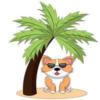 schattig corgi hond Aan de strand onder een palm boom in kleur vector