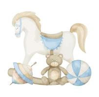 baby speelgoed. waterverf hand- getrokken illustratie met schommelen paard en teddy beer in schattig pastel blauw en beige kleuren. tekening met bal en draaimolen voor pasgeboren douche groet kaarten of uitnodigingen vector