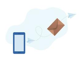 Gesloten envelop en papier vliegtuigen vliegend van de telefoon. vector