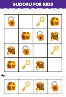onderwijs spel voor kinderen sudoku voor kinderen met schattig tekenfilm schat borst sleutel hangslot afdrukbare piraat werkblad vector