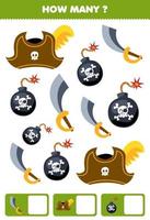onderwijs spel voor kinderen zoeken en tellen hoe veel voorwerpen van schattig tekenfilm zwaard hoed en bom afdrukbare piraat werkblad vector