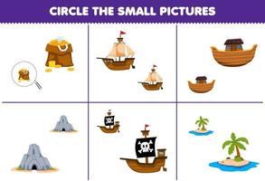 onderwijs spel voor kinderen cirkel de klein afbeelding van schattig tekenfilm schat schip grot eiland afdrukbare piraat werkblad vector