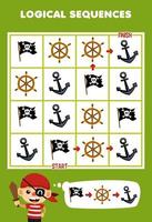 onderwijs spel voor kinderen logisch volgorde helpen jongen soort vlag wiel en anker van begin naar af hebben afdrukbare piraat werkblad vector
