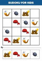 onderwijs spel voor kinderen sudoku voor kinderen met schattig tekenfilm hoed bandana pijp oog lap afdrukbare piraat werkblad vector