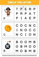 onderwijs spel voor kinderen cirkel de begin brief van schattig tekenfilm piraat munt en bom afdrukbare piraat werkblad vector