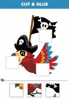 onderwijs spel voor kinderen besnoeiing en lijm besnoeiing onderdelen van schattig tekenfilm papegaai draag- vlag en lijm hen afdrukbare piraat werkblad vector