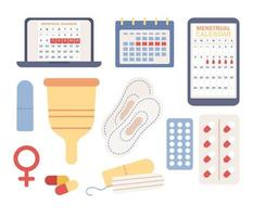 menstruatie icoon set. menstruatie- fiets. vrouw periode. divers vrouwelijk hygiëne producten. sanitair kussen, tampon, herbruikbaar beker, pillen, kalender. vector vlak illustratie