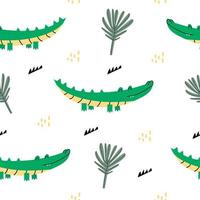 naadloos patroon met een schattig krokodil. Afrikaanse charmant dier en fabriek in een vlak stijl. geschikt voor de ontwerp van kinderen textiel, omhulsel papier, achtergrond. tekenfilm vector alligator.