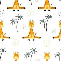 naadloos patroon met een schattig giraffe en palm bomen. Afrikaanse charmant dier en fabriek in vlak stijl. kinderen textiel, omhulsel papier, achtergrond. tekenfilm vector giraffe in Scandinavisch stijl.