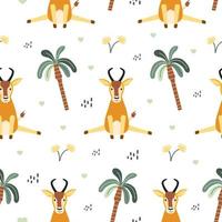 naadloos patroon met schattig antilope en palm bomen. Afrikaanse charmant dier en fabriek in een vlak stijl.kinderen textiel, omhulsel papier, achtergrond. tekenfilm vector antilope in Scandinavisch stijl.