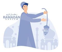 Ramadan groet kaart, moslim jongen Holding lantaarn met halve maan maan, sterren en moskee net zo achtergrond, vlak vector modern illustratie