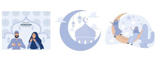 gelukkig vasten, Ramadan kareem, gelukkig Ramadan mubarak groet concept, met Islamitisch achtergrond, reeks vlak vector modern illustratie