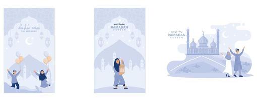 eid mubarak vector met gelukkig kinderen, moslim meisje Holding lantaarn met halve maan maan, sterren en moskee net zo achtergrond, reeks vlak vector modern illustratie