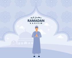 Ramadan kareem.mannen illustratie met turqoise kleur en Islamitisch decoratie achtergrond, vlak vector modern illustratie