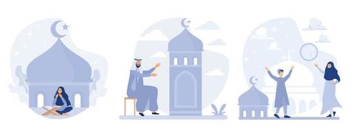 Ramadan nacht, Ramadan mubarak, werkzaamheid van vastend mensen, reeks vlak vector modern illustratie