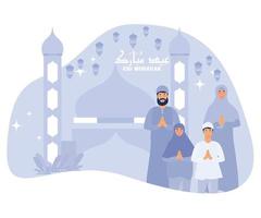 gelukkig moslim familie groet en vieren eid mubarak, vlak vector modern illustratie