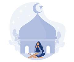 Ramadan nacht, moslim vrouw lezing al koran, vlak vector modern illustratie