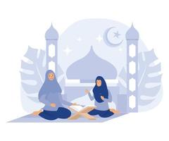 moslim moeder en dochter lezing Koran, met moskee achtergrond, vlak vector modern illustratie