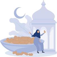moslim Dames zijn gelukkig en genieten de iftar maaltijd van Ramadan, Ramadan kareem, vlak vector modern illustratie