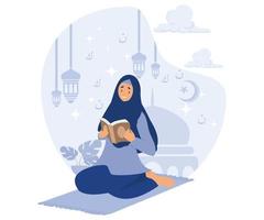 vrouw is lezing al koran Aan nacht Ramadan dag, Ramadan kareem , vlak vector modern illustratie