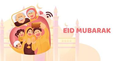 moslim familie contact hun ouderling of ouders in smartphone video telefoontje naar tonen hun liefde in eid mubarak viering vector