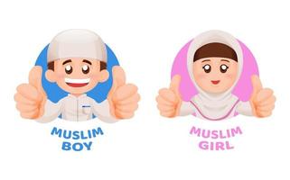moslim kinderen jongen en meisje in Islamitisch kleren duimen omhoog en glimlach mascotte illustratie concept vector