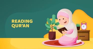 moslim kind meisje zitten en lezing koran met gelukkig glimlach gezicht, reciteren heilig boek van Islam vector