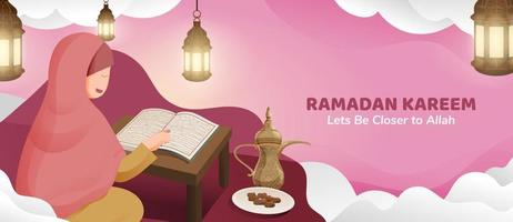 moslim vrouw lezing Koran in Ramadan kareem heilig maand met lantaarn en datums illustratie vector