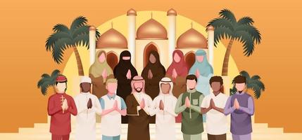 moslim mensen allemaal in de omgeving van de wereld in viering van eid al fitr mubarak illustratie vector