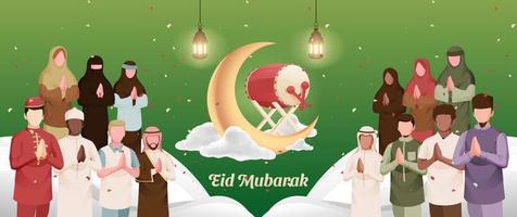 moslim mensen in de omgeving van de wereld in eid mubarak viering illustratie 3 vector