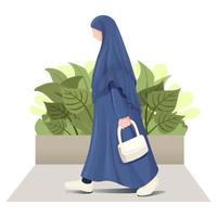 moslim vrouw met hijab wandelen met hand- zak kant visie illustratie vector